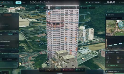 ドローン点検システム「DIMS」の操作画面。高層の建物を囲む飛行経路と、見つかった傷みの印が表示されている
