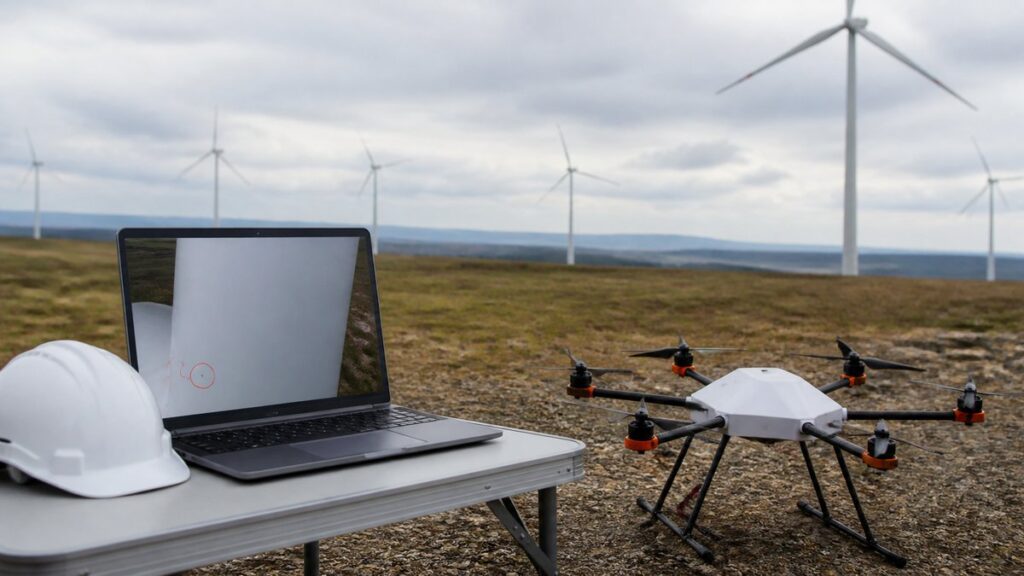 風力発電のブレード点検をする業務用ドローンのイメージ(AI生成)