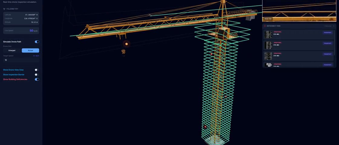 DIMSの画面に表示された、タワークレーンを囲む点検用の飛行経路